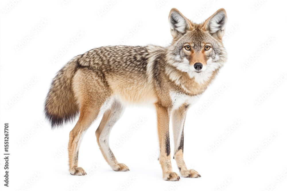 Fototapeta premium Realistic coyote portrait captured in studio setting with white seamless backdrop