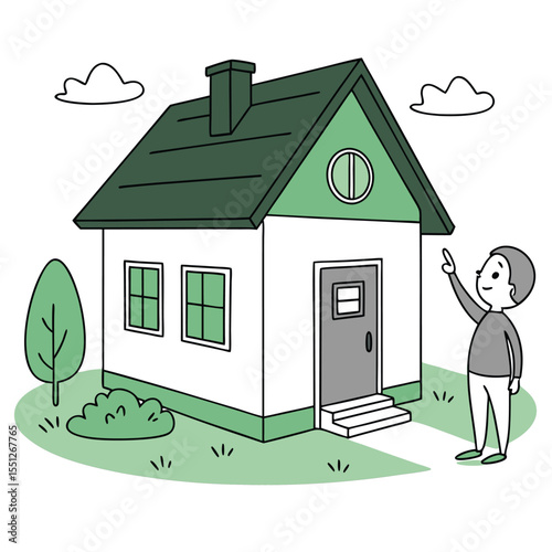 Person pointing at a small green roofed house