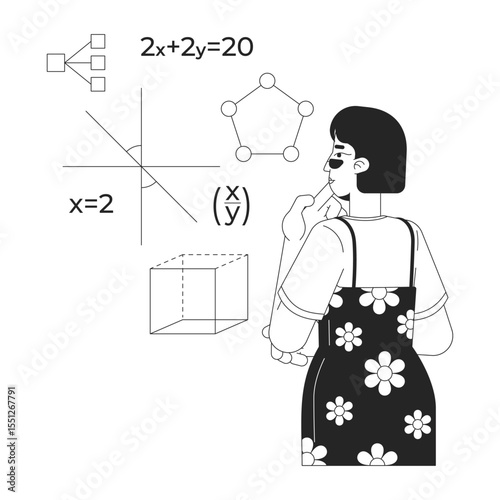 Learning mathematics for programming line illustration concept. Asian female math student studying equations geometry in STEM coding outline 2D character isolated. Ink linear metaphor vector art