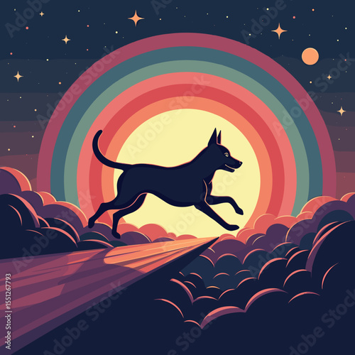 Dog jumping playfully through clouds under rainbow background  