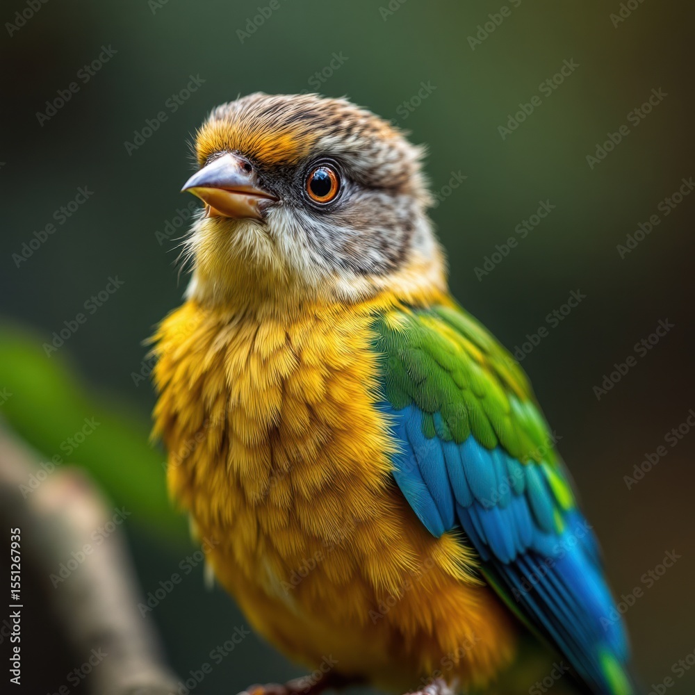 Fototapeta premium Vibrant yellow and blue bird showcasing detailed plumage perfect for nature and wildlife publications
