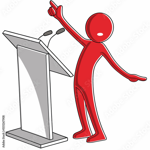 Red figure giving a speech at a podium with microphones