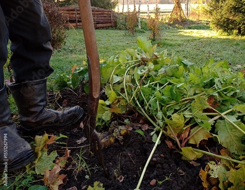 A person is harvesting parsnips with a digging fork in a vegetable garden in autumn.