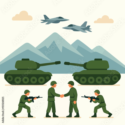 national defense (military, war equipment and military strategy, technology, cyberwar). globalization, diplomacy, and world peace. vector illustration