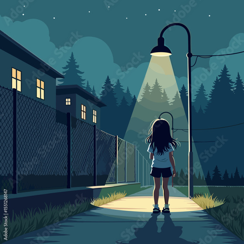 Young girl standing alone under streetlight in quiet neighborhood at night  