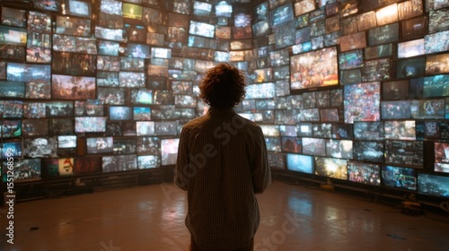 Overwhelmed by Information: A Person Confronted by a Wall of Screens