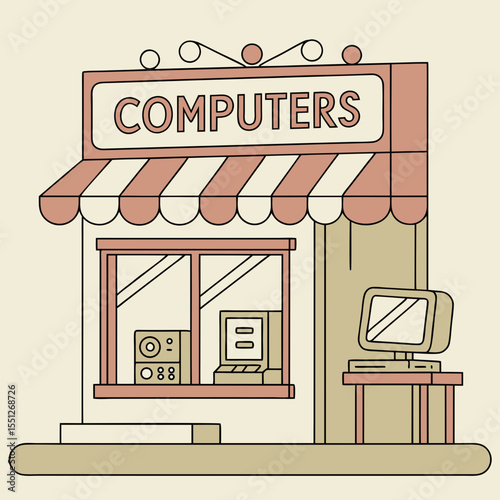 Whimsical computer store illustration showcases vintage technology offerings