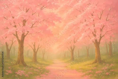 Serene Cherry Blossom Forest Path in Spring