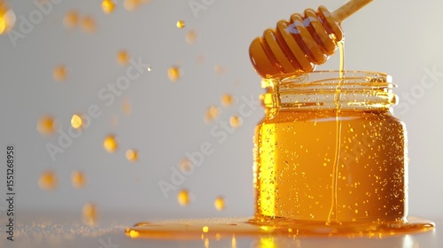 Golden honey drips from a wooden dipper into a jar, creating a sweet and enticing display of natural sweetness and richness