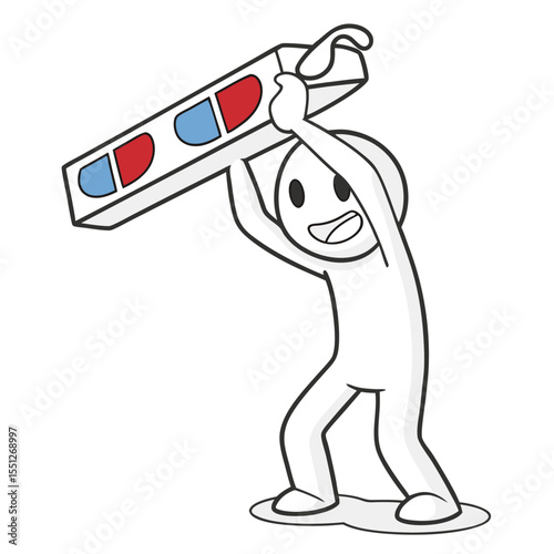 Joyful cartoon figure holding 3d glasses package