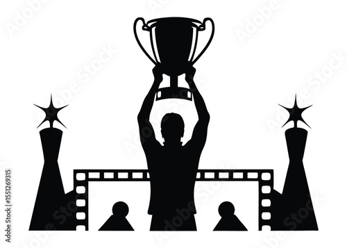 Heroic Silhouette of Person Holding Trophy – Dramatic Victory Moment in Black and White