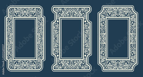 Set of Ornate Vintage Frames with Floral Scrollwork. with line art design style