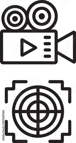 Black and White Iconographic Composition Depicting a Movie Camera and a Target, Representing Film Production and Precise Focus