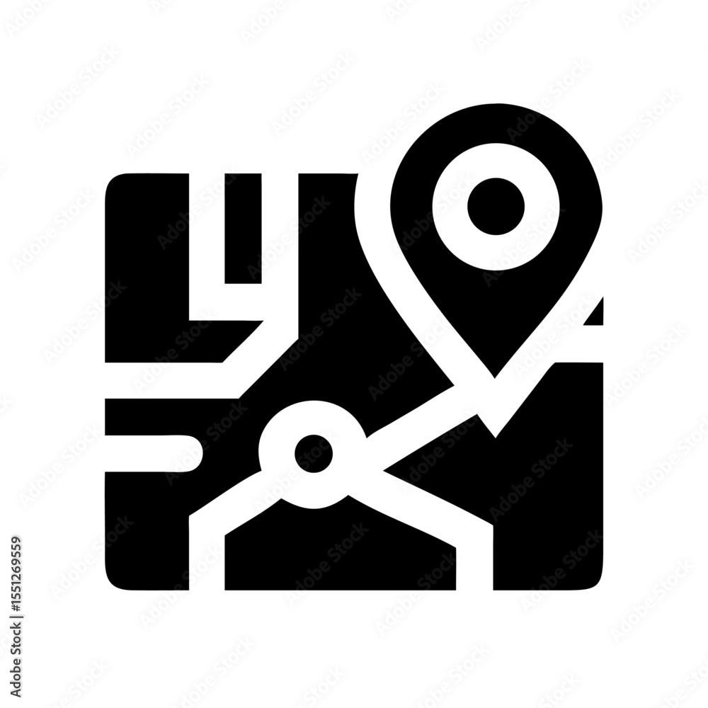 A black map icon with a location pin isolated on white background shows a simplified street map with a marked point A black map icon with a location pin isolated on white background shows a simplified street map with a marked point