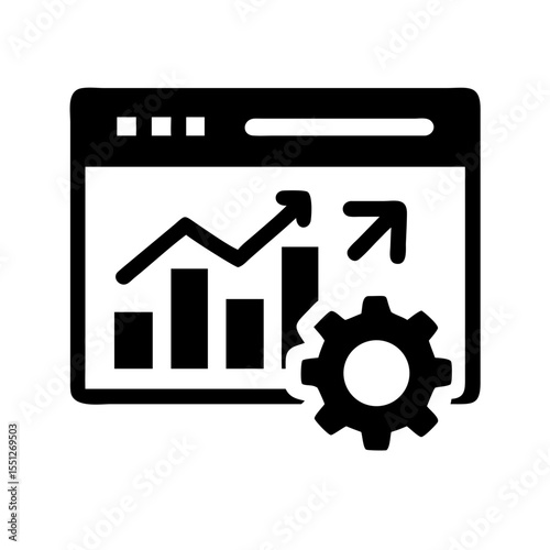 Website analytics graph shows growth with gear icon isolated on white background