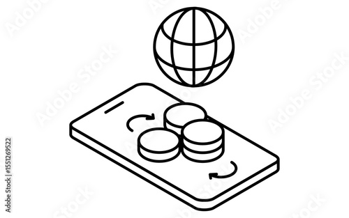 Smartphone app for foreign currency transfer simple line drawing icon, isometric illustration of international finance, black and white