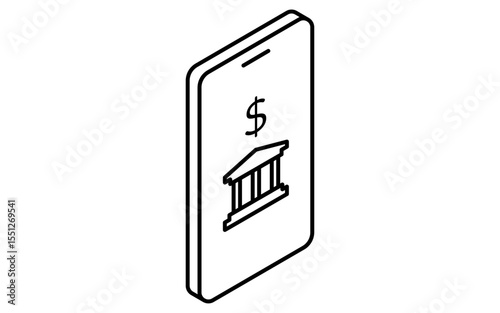 Smartphone banking app simple line drawing icon, isometric illustration of online banking and digital finance, black and white