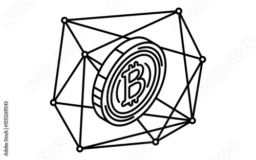 Cryptocurrency and blockchain simple line drawing icon, isometric illustration of digital finance and decentralized system, black and white