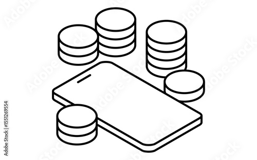 Smartphone and stacked coins simple line drawing icon, isometric illustration of mobile saving and personal finance, black and white