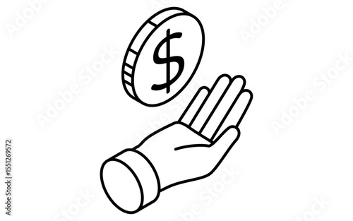 Hand holding dollar coin simple line drawing icon, isometric illustration of personal finance and savings, black and white