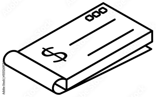 Checkbook simple line drawing icon, isometric illustration of traditional payment method and financial documentation, black and white