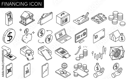 Financial icon set of 28 items, simple line drawing icon, isometric illustration of money, banking, investment, cashless payment, digital finance and savings, black and white