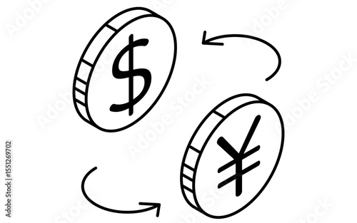 Currency exchange between dollar and yen simple line drawing icon, isometric illustration of forex trading, black and white