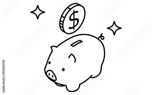 Piggy bank and dollar coin simple line drawing icon, isometric illustration of saving and personal finance, black and white