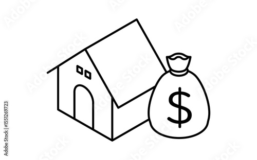 House and money bag showing mortgage simple line drawing icon, isometric illustration of housing loan and finance, black and white