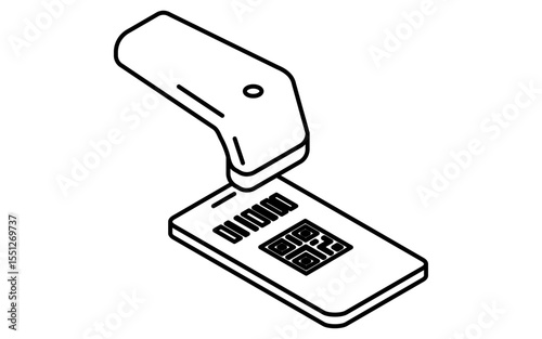 Smartphone with QR code payment and barcode reader simple line drawing icon, isometric illustration of mobile transaction and cashless payment, black and white