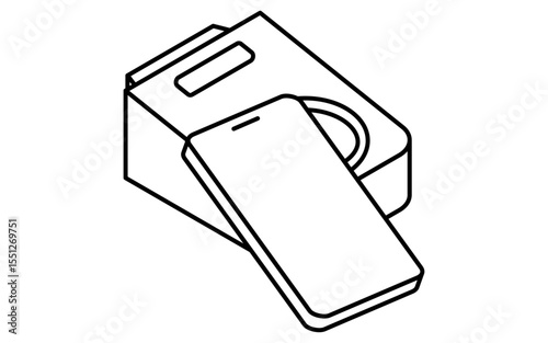 Smartphone tap cashless payment simple line drawing icon, isometric illustration of mobile NFC transaction, black and white