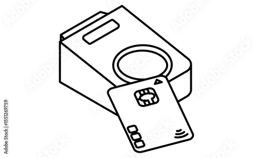Credit card tap cashless payment simple line drawing icon, isometric illustration of NFC contactless transaction, black and white