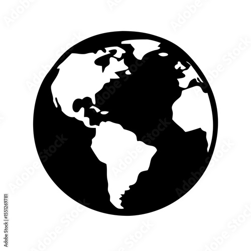 A simple black and white world map icon is isolated on white background