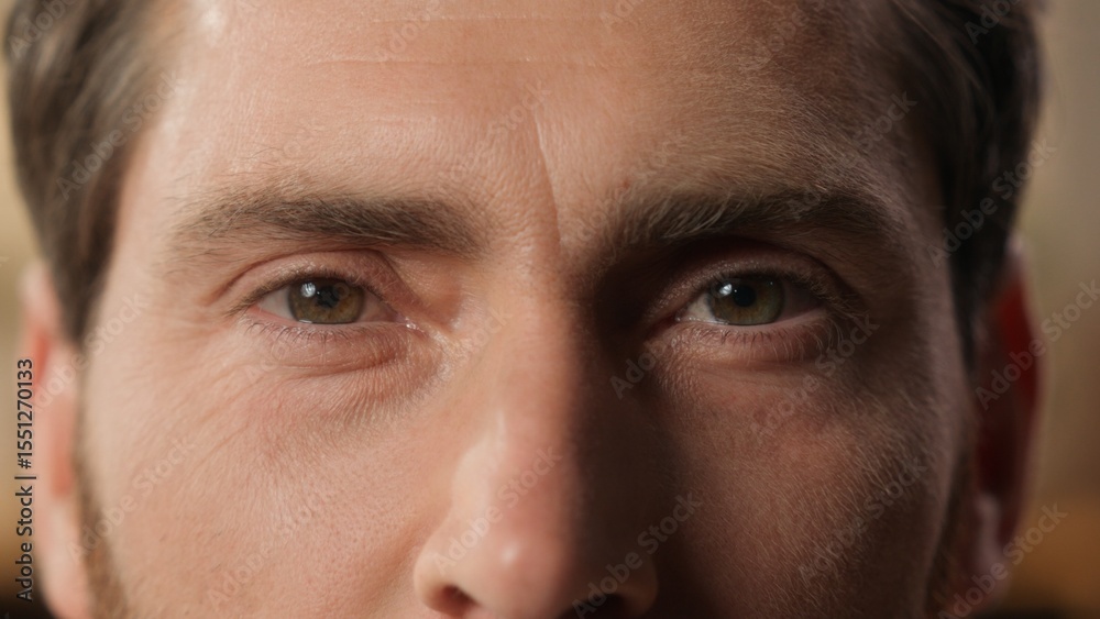 Obraz premium Close up man Caucasian portrait bearded guy adult businessman tenant homeowner husband thoughtful male at home apartment looking at camera human eyes opening wrinkles face middle-aged health eyesight