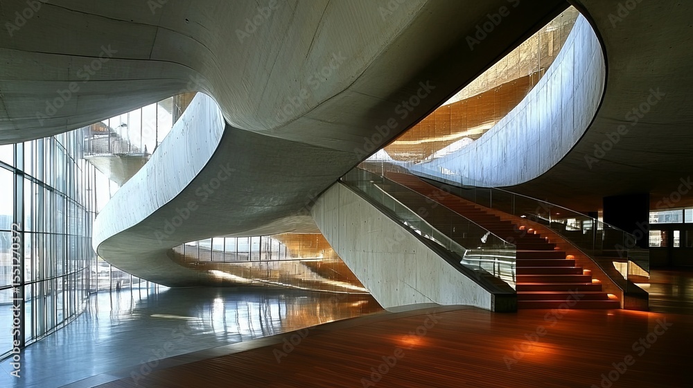 Obraz premium Fluid concrete architecture showcasing a dramatic, multi-level staircase and expansive windows, reflecting light and creating a sense of movement and openness