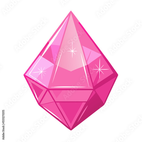 Pink gem icon. Bright crystal for magic treasure game mobile app. Shiny diamond design element. Vector illustration on a white background