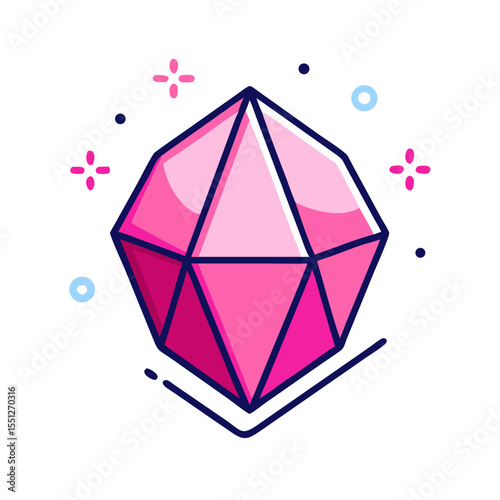 Pink shiny diamond gem treasure icon, element for game interface design, magic crystal with sparkle, vector illustration