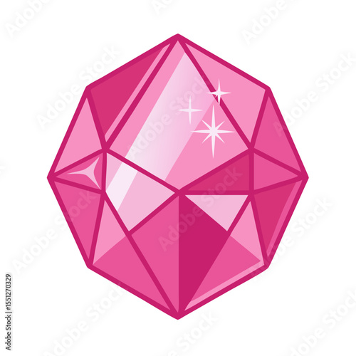 Shiny pink faceted gem stone. Magic treasure or diamond icon. Cute vector illustration for game, app, jewelry store