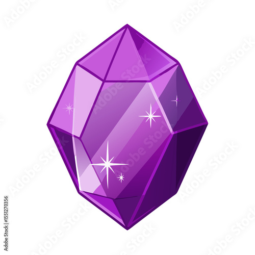 A shiny purple crystal gem with facets and sparkles. Magic treasure for game app. Vector icon illustration for ui design interface