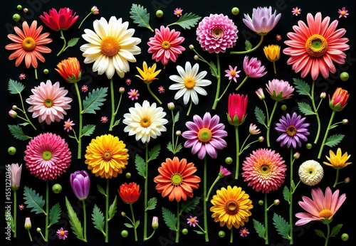 Flatlay of Assorted Blooming Flowers on Black Background
