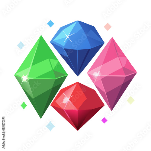 Colorful magic red, blue, green, pink gem stone. Treasure crystal diamond. Resource for game, mobile app. Shiny precious jewel vector icon