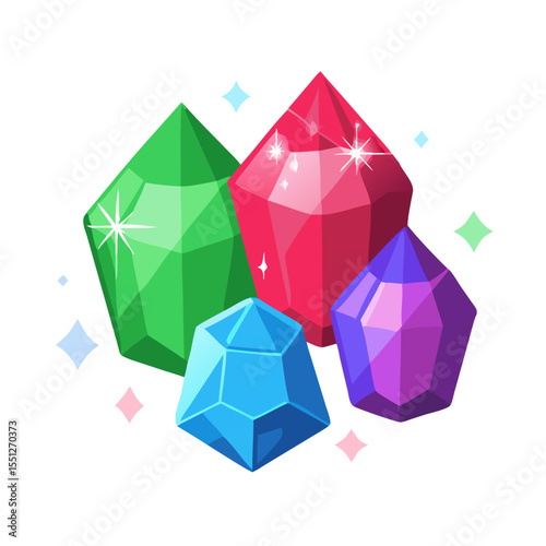 Gem, magic treasure concept, colorful crystal jewel for game design, fantasy app icon on white background, vector illustration