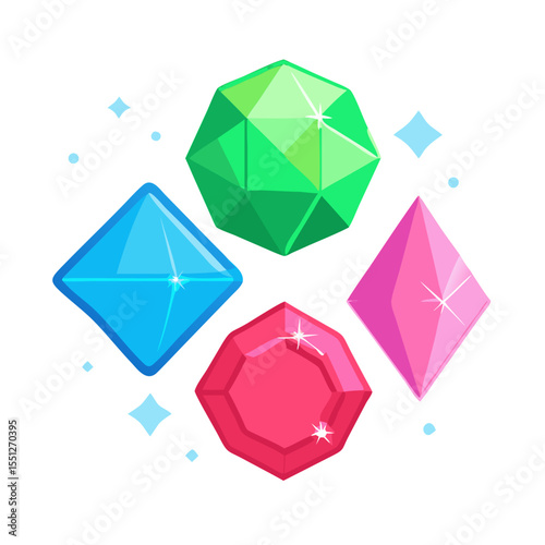 Collection of sparkling colorful magic treasure gems and precious stones floating around with sparks. Vector icon for design game mobile application