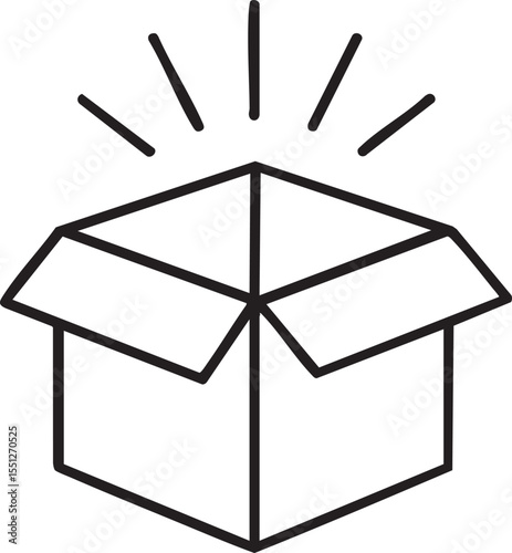 Open Box with Radiating Lines Simple Line Art Illustration on White minimalist