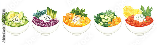 Vertical pile of vibrant Buddha bowls in the middle of white studio background