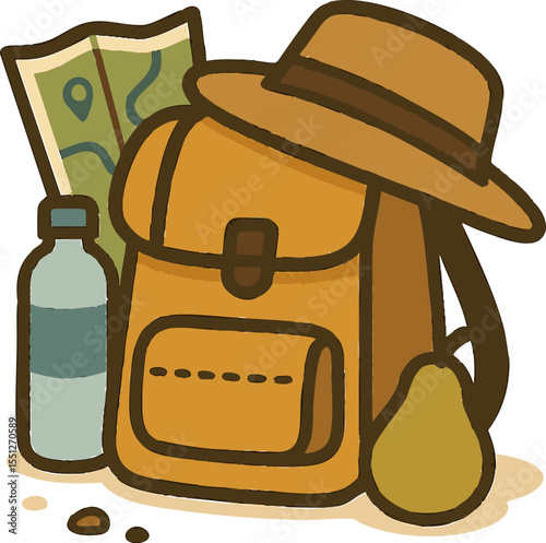 Hiking kit backpack hat map thermos