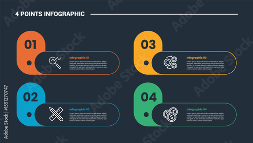 4 stage infographic process diagram with capsule shape with round rectangle container with dark background bright outline style