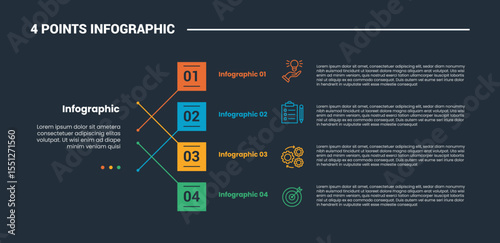 4 stage infographic process diagram with stacked vertical list on square connectors box with dark background bright outline style
