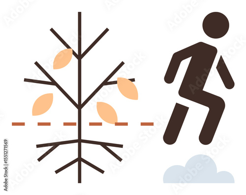 Bare tree with scattered leaves crossed by dashed line, figure leaping forward over clouds. Ideal for growth, sustainability, progress, motivation, ambition, challenge transformation. Simple flat