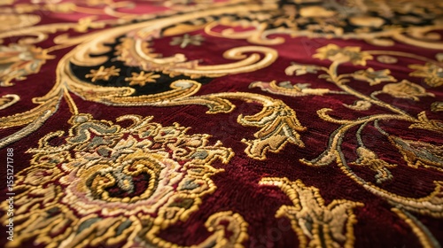 A close up view of a red and gold patterned textile with intricate floral and swirl designs visible here